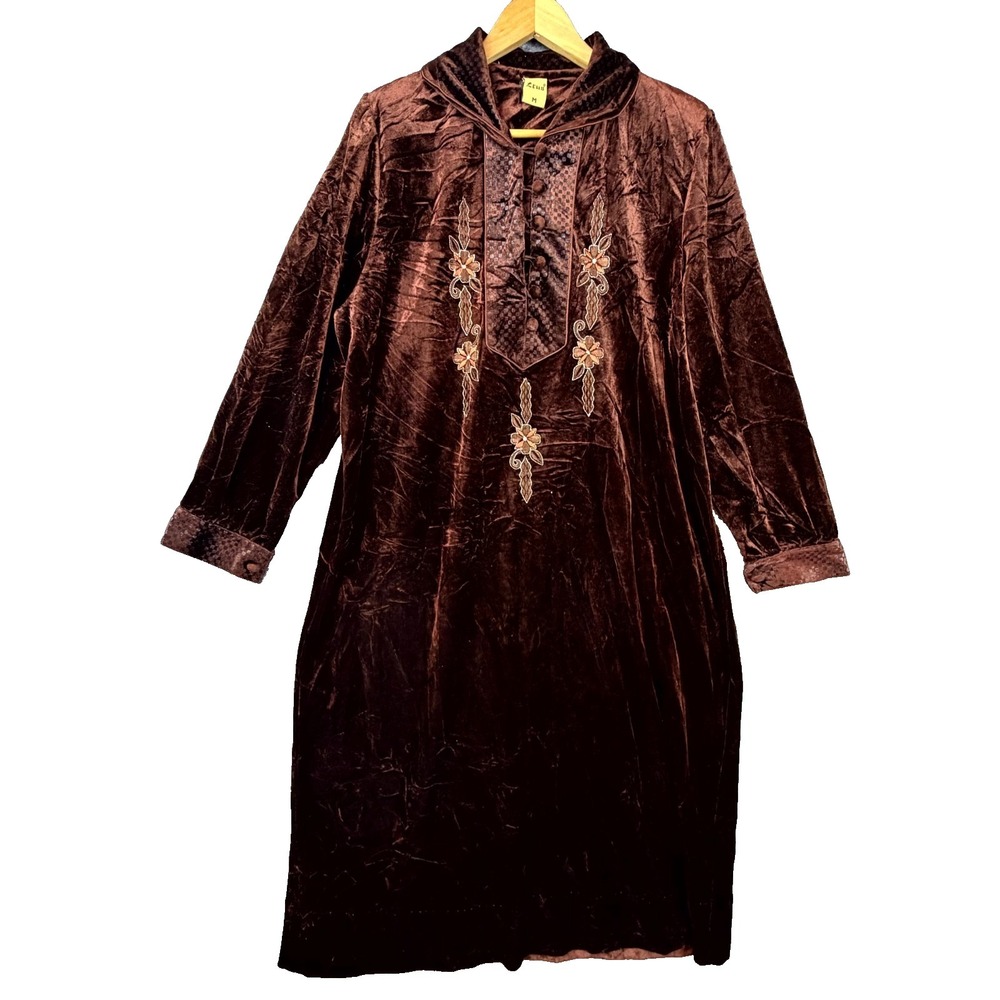 Vintage Zeus Tunic Dress Womens Medium Brown Crushed Velvet Renaissance Cloak